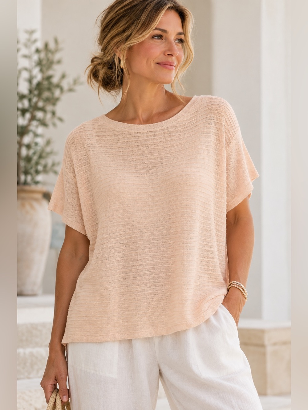 Eileen Fisher Organic Linen Cotton Ribbed Top M Blush Pink Quiet Luxury